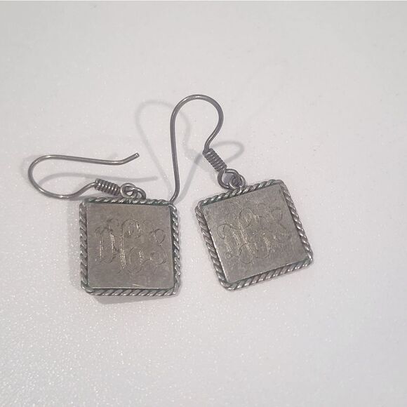 Square Initial Silver Dangle Earrings Sterling Silver - Picture 1 of 5